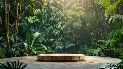 Fototapeta premium Product presentation with a wooden podium set amidst a lush tropical forest, enhanced by a vibrant green backdrop.