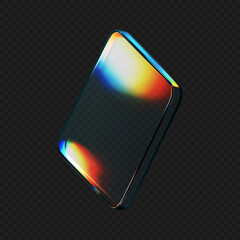 3d glass square shape with refraction and holographic effect isolated on black background. Render transparent crystal glass button with dispersion light, rainbow gradient. 3d vector illustration