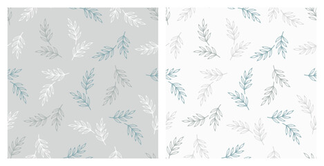 Set of two Seamless Floral  Patterns with Leaves. Leaf Branch. Hand drawn doodle Vector illustration.
