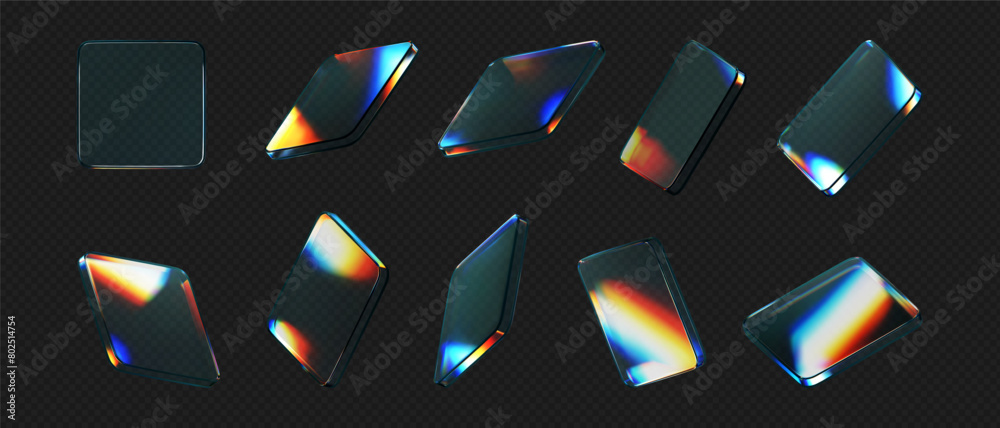 Canvas Prints 3d glass square shapes set with refraction and holographic effect isolated on black background. rend