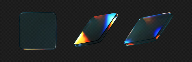 3d glass square shapes set with refraction and holographic effect isolated on black background. Render transparent crystal glass button with dispersion light, rainbow gradient. 3d vector illustration