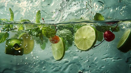Underwater Composition: Submerge the mint leaves, lime slices, and cherry in clear water and capture the scene from underwater, highlighting the natural buoyancy and freshness of the ingredients. 
