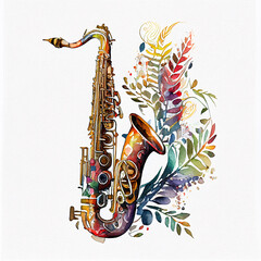 Floral Ornamental Watercolor Illustration of Saxophone