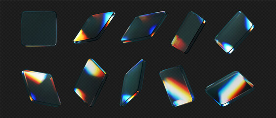 3d glass square shapes set with refraction and holographic effect isolated on black background. Render transparent crystal glass button with dispersion light, rainbow gradient. 3d vector illustration