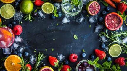 A variety of mocktail recipes and tips handwritten on a chalkboard surrounded by fresh fruits and herbs. - Powered by Adobe