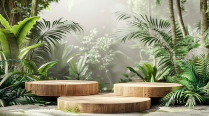 Fototapeta premium Product presentation with a wooden podium set amidst a lush tropical forest, enhanced by a vibrant green backdrop.