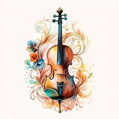 Floral Ornamental Watercolor Illustration of Violin