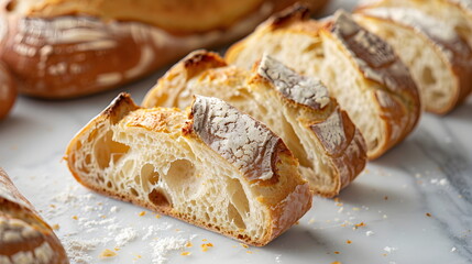 Homemade, fresh, white, sliced bread, gluten free. Slices of crispy bread on a light marble table
