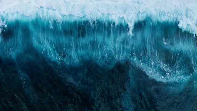 Huge ocean wave crashing, Aerial shot of breaking surf with foam in Atlantic Ocean. Powerful sea wave breaking