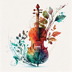 Floral Ornamental Watercolor Illustration of Violin