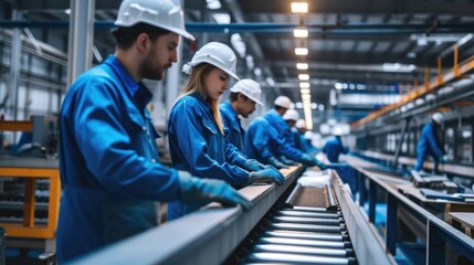 A group of men are engaged in mass production on a conveyor belt in a factory, utilizing machines and engineering skills. AIG41