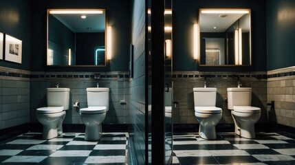 Two modern, clean public restrooms with black and white checkered floor tiles. AI.