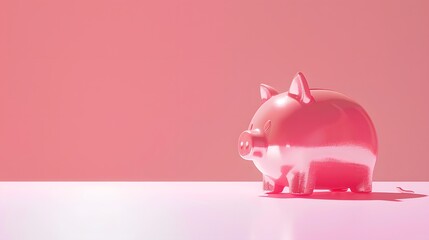 Aesthetic pink piggy bank, lots of copy space, blank background