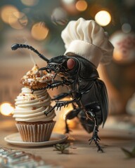 A bug wearing a chef's hat is carefully decorating a cupcake with white icing. AI.