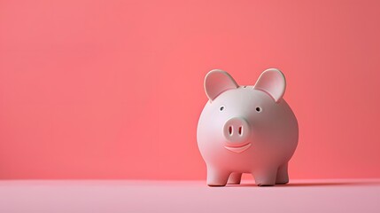 Aesthetic pink piggy bank, lots of copy space, blank background