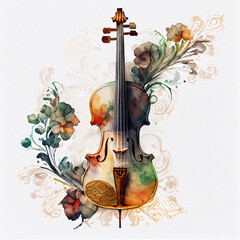 Floral Ornamental Watercolor Illustration of Violin