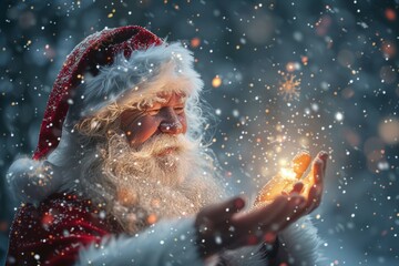 Santa Claus Holds Glowing Lights Amidst Gently Falling Snow