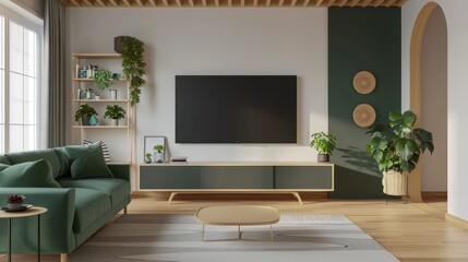 White and Green wall mounted tv, cabinet in living room with green sofa and decor accessories
