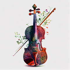 Floral Ornamental Watercolor Illustration of Violin