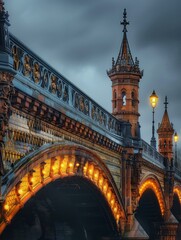 Fototapeta premium Ornate bridge with a gothic tower. AI.