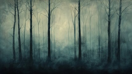 Obraz premium A moody oil painting of a winter forest with tall silhouetted trees looming in the foreground and a misty background..