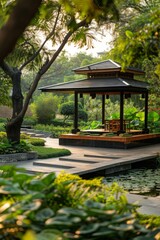 Fototapeta premium A beautiful garden with a pavilion surrounded by trees and a pond. AI.