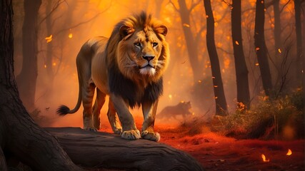 A lion wanders through a flaming woodland in the wild. The forest is enveloped in orange and yellow flames, creating a foreboding aura. The blazing colors highlight the lion's fur. - obrazy, fototapety, plakaty