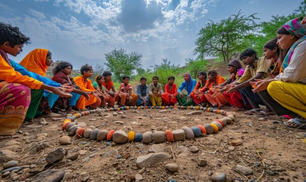 A group of children sit in a circle made of rocks in a field. AI.