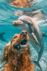 A dog and a dolphin are swimming together underwater. AI.