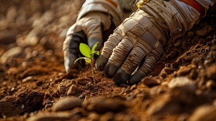 An astronaut's gloved hand carefully plants a small green sapling in the rocky soil of Mars. AI.