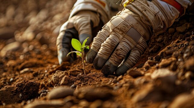 An astronaut's gloved hand carefully plants a small green sapling in the rocky soil of Mars. AI.