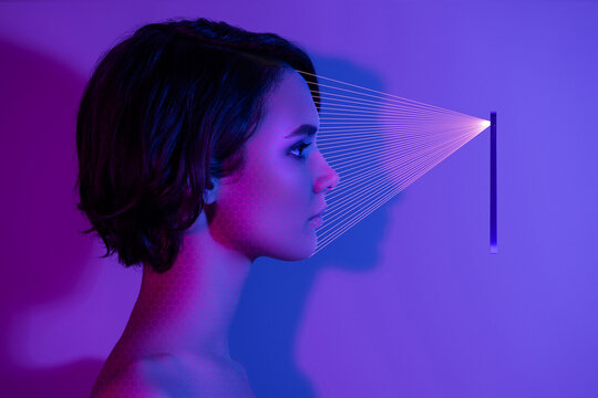 Creative drawing collage picture of pretty girl bob hairstyle id verification scan face beauty device skin analyzing