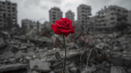 A red rose stands tall amidst the ruins of a war-torn city, symbolizing hope and resilience in the face of adversity. AI.