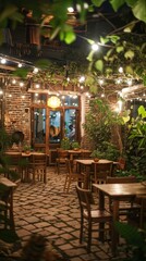 A cozy restaurant with a beautiful outdoor seating area. AI.
