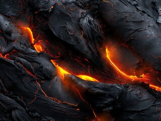 Up-close view of glowing lava flows with crackling, textured surface - obrazy, fototapety, plakaty