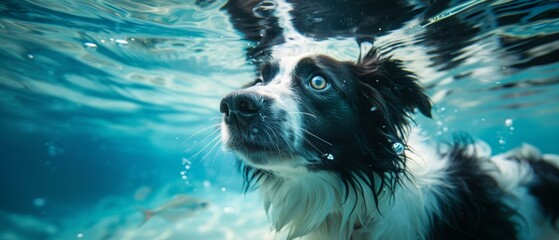 A cute Border Collie swims underwater, looking up at the surface. AI. - obrazy, fototapety, plakaty