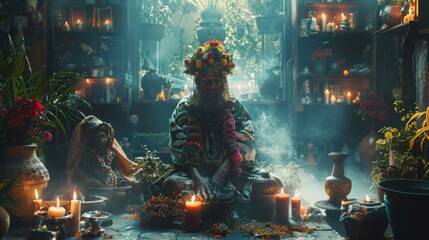 A witch doctor in a dimly lit room, surrounded by candles, plants, and other ritualistic objects. AI.