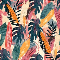 seamless pattern with feathers and leaves, funky boho rustic pastel style color scheme with muted pink, green and yellow