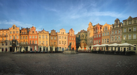Panorama of the Stary Rynek square with its historic buildings in Poznań, Poland, June 2019
