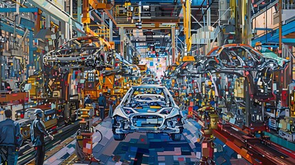 Assembly Line Symphony: A vibrant portrayal of the orchestrated chaos of a car assembly line, with workers bustling in unison.