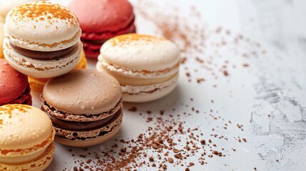 Macarons cakes on white background Colorful delicious french macarones wide banner , sunshine