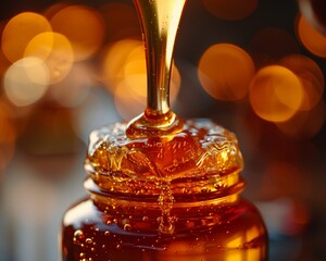 honey pouring signifies natural sweetness, with a warm bokeh light enhancing the cozy atmosphere , close up