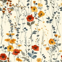 Trendy Hand-Drawn Wild Meadow Florals Seamless Pattern

