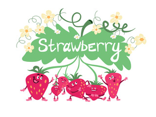 Strawberry character set. Cute fruit vector collection isolated on white background. Summer illustration red berries with lettering.