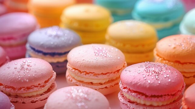 Macarons cakes on white background Colorful delicious french macarones wide banner , sunshine