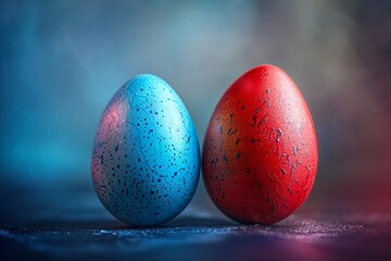 Two red blue easter eggs on dark backround Easter art egg concept,copy space for text , sunshine