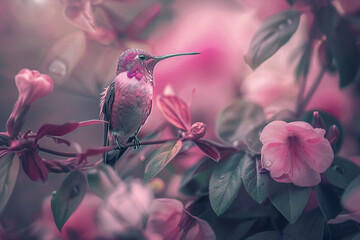 A pink hummingbird perched on a delicate pink flower in a lush pink garden.