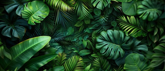 Fototapeta premium wallpaper with dense green tropical jungle foliage presenting various shades and leaf types copy space for text , neon light