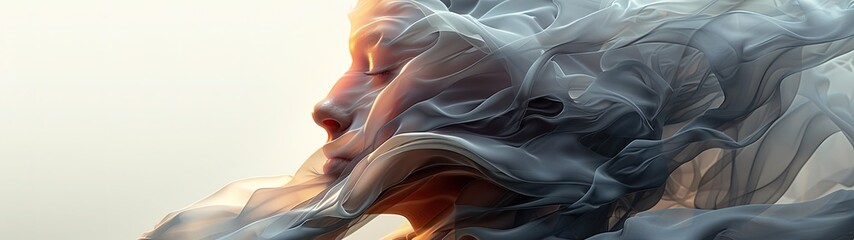 Fototapeta premium Women face wrapped in soft gray smoke abstract background. Texture Background