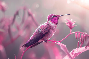 Obraz premium A pink hummingbird perched on a pink flower stem.